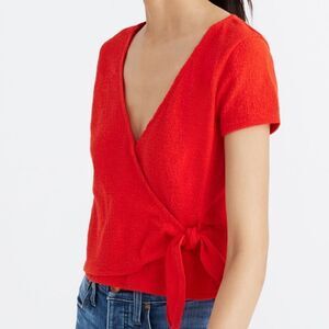 Madewell Textured & Thread Wrap-Tie Red Women Short Sleeve V/Neckline Top Sz XXS